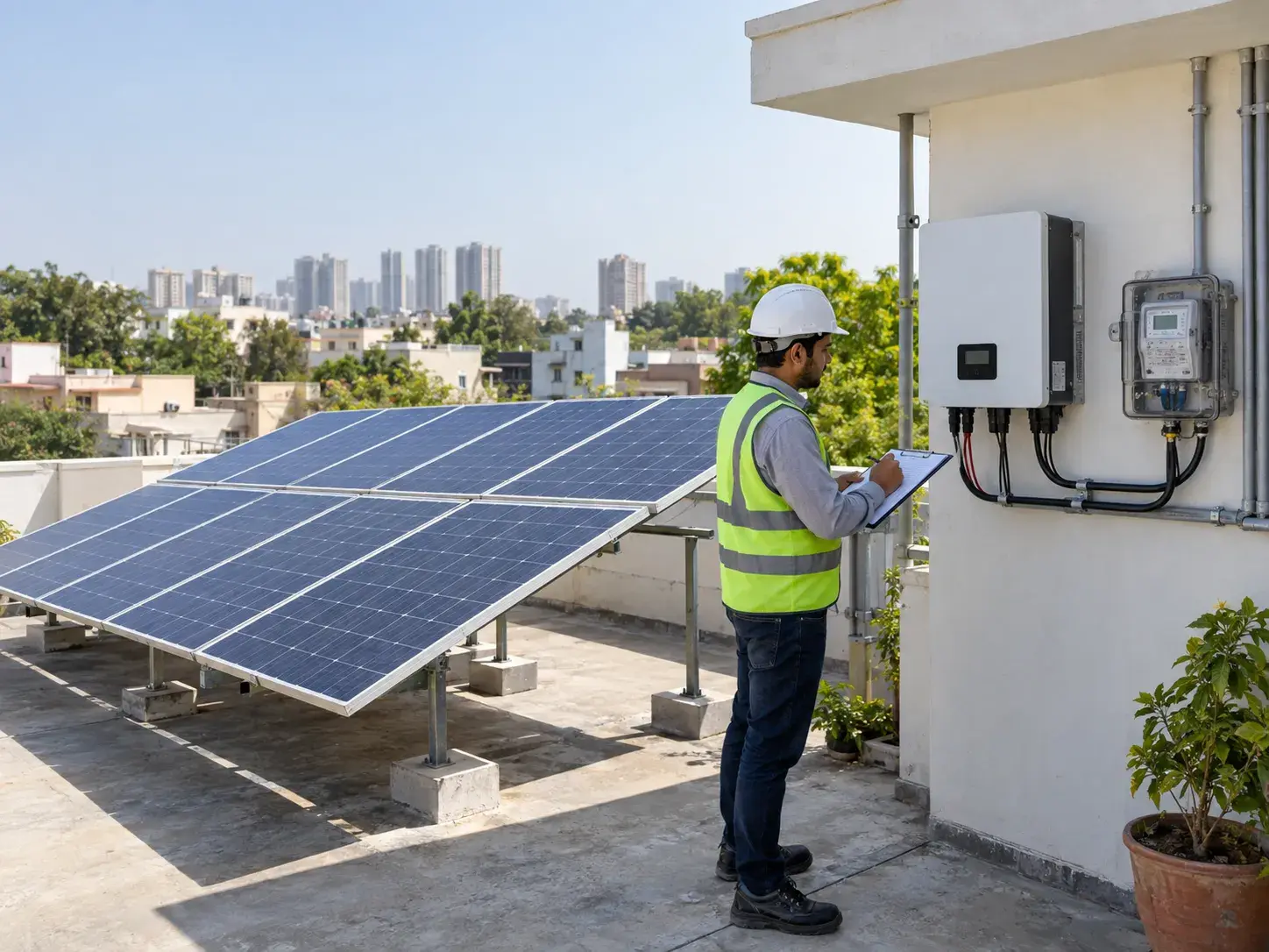 On-grid rooftop solar installation with inverter and net meter